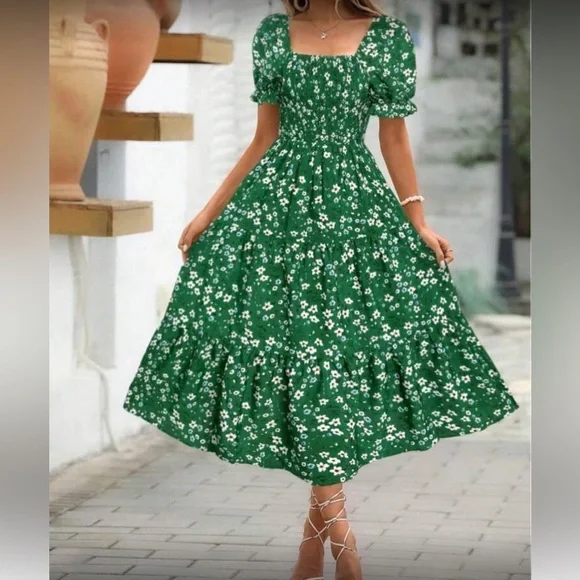 Black Floral Midi Dress with Smocked Bodice - Picture 8 of 9